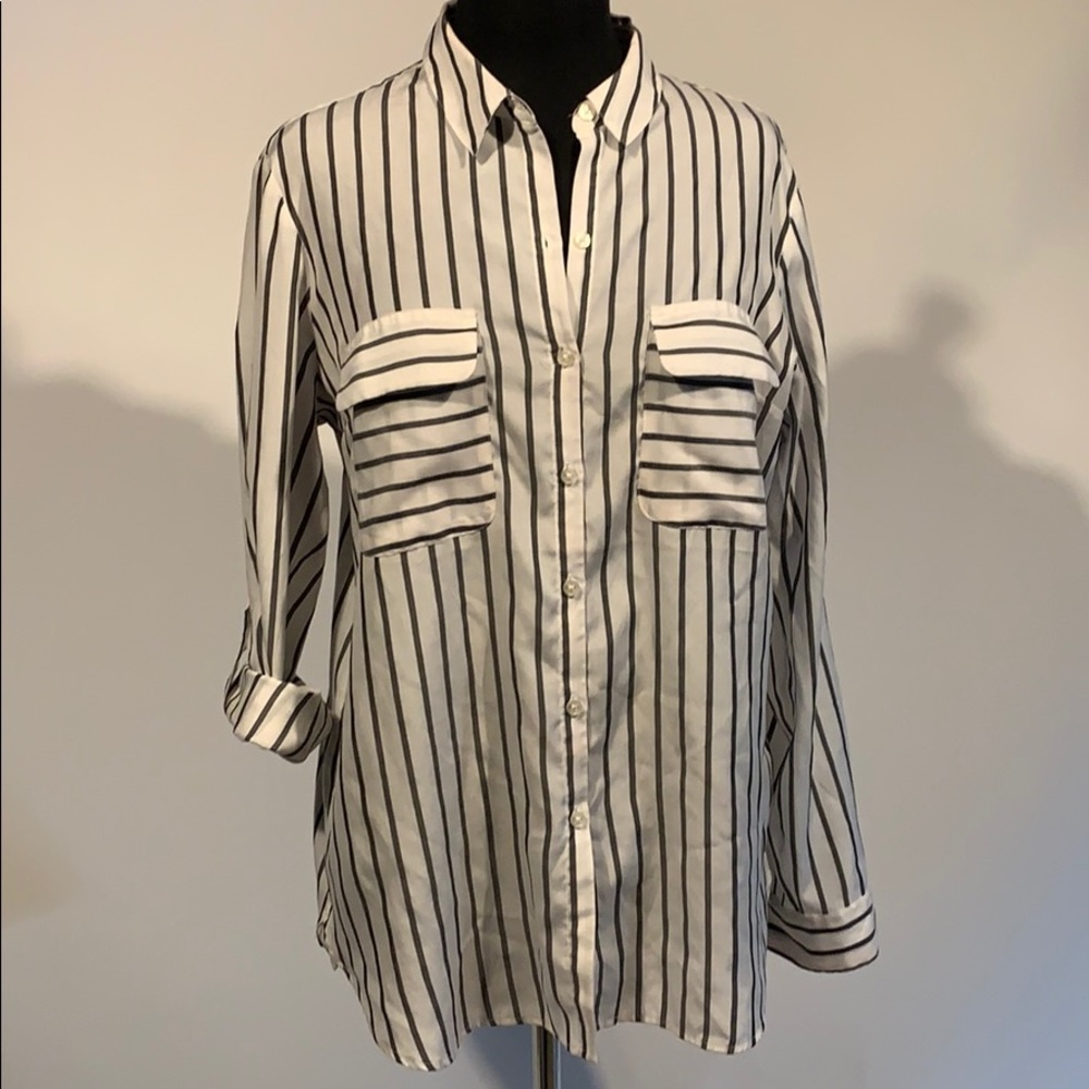 Express Striped Button Down with Embroidered Birds